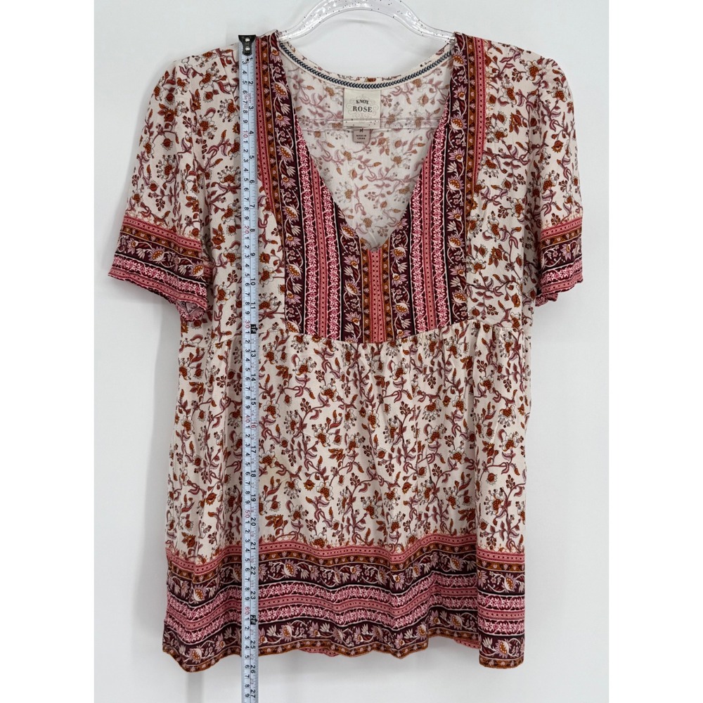 Knox Rose Womens Floral Babydoll Top Burgundy Pink V-Neck Short Sleeve Medium - Picture 2 of 9